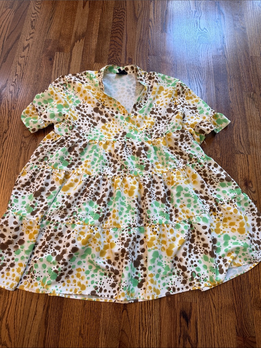 Heyson Tiered Mini Dress in Green, Yellow & Brown